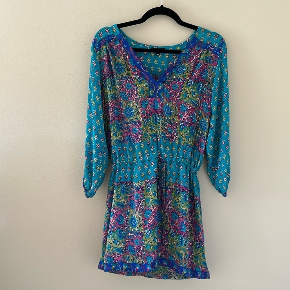 Tolani 100% Silk Colorful Printed V-Neck Tunic Dress Drawstring Waist Sz XS Boho